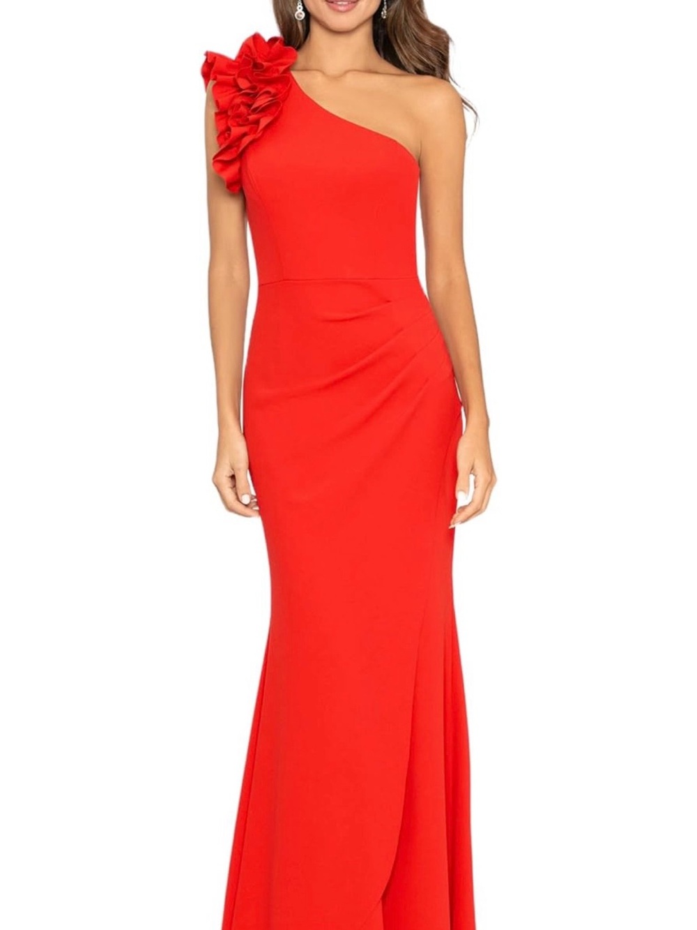 Xscape One-Shoulder Red Evening Gown with Floral Shoulder Detail